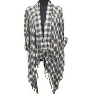 Billabong Waterfall Cardigan Medium Green Plaid Tassel Fringe Open Front Boho